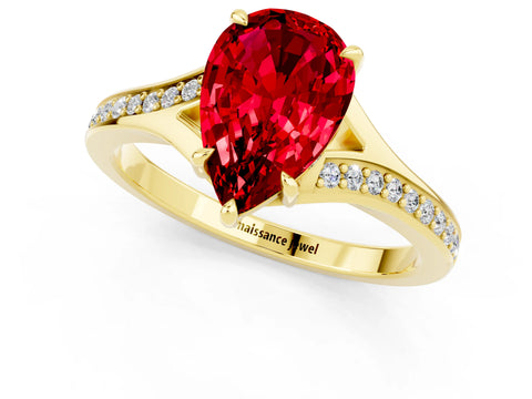 Yellow gold Pear Cut Ruby Solitaire Ring with Pavé Band and Prong Setting_13