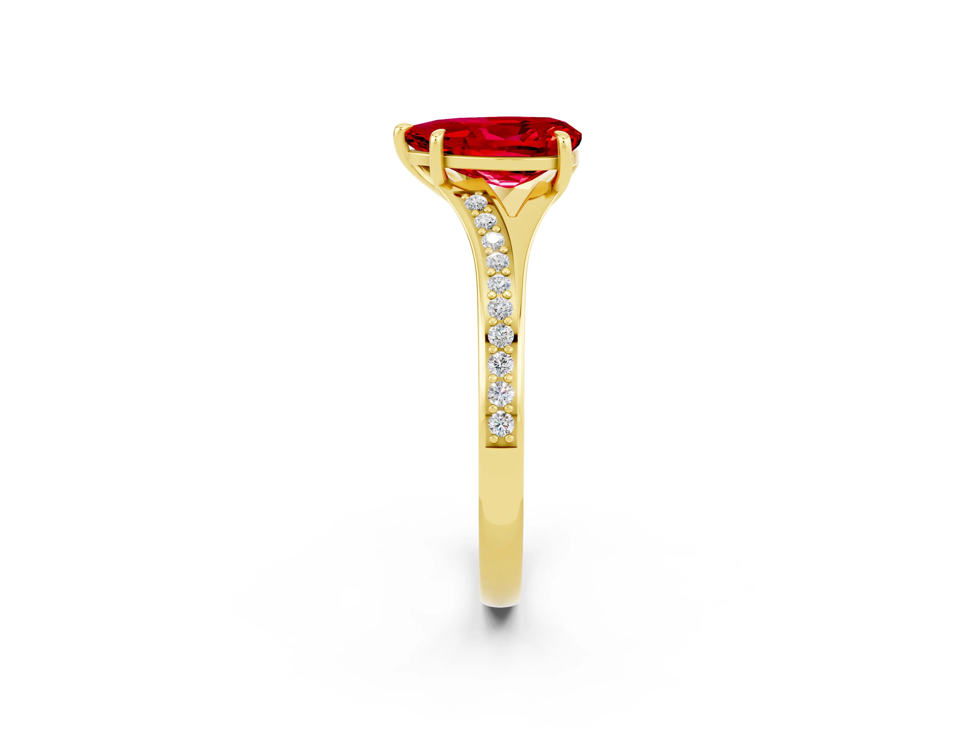 Yellow gold Pear Cut Ruby Solitaire Ring with Pavé Band and Prong Setting_14