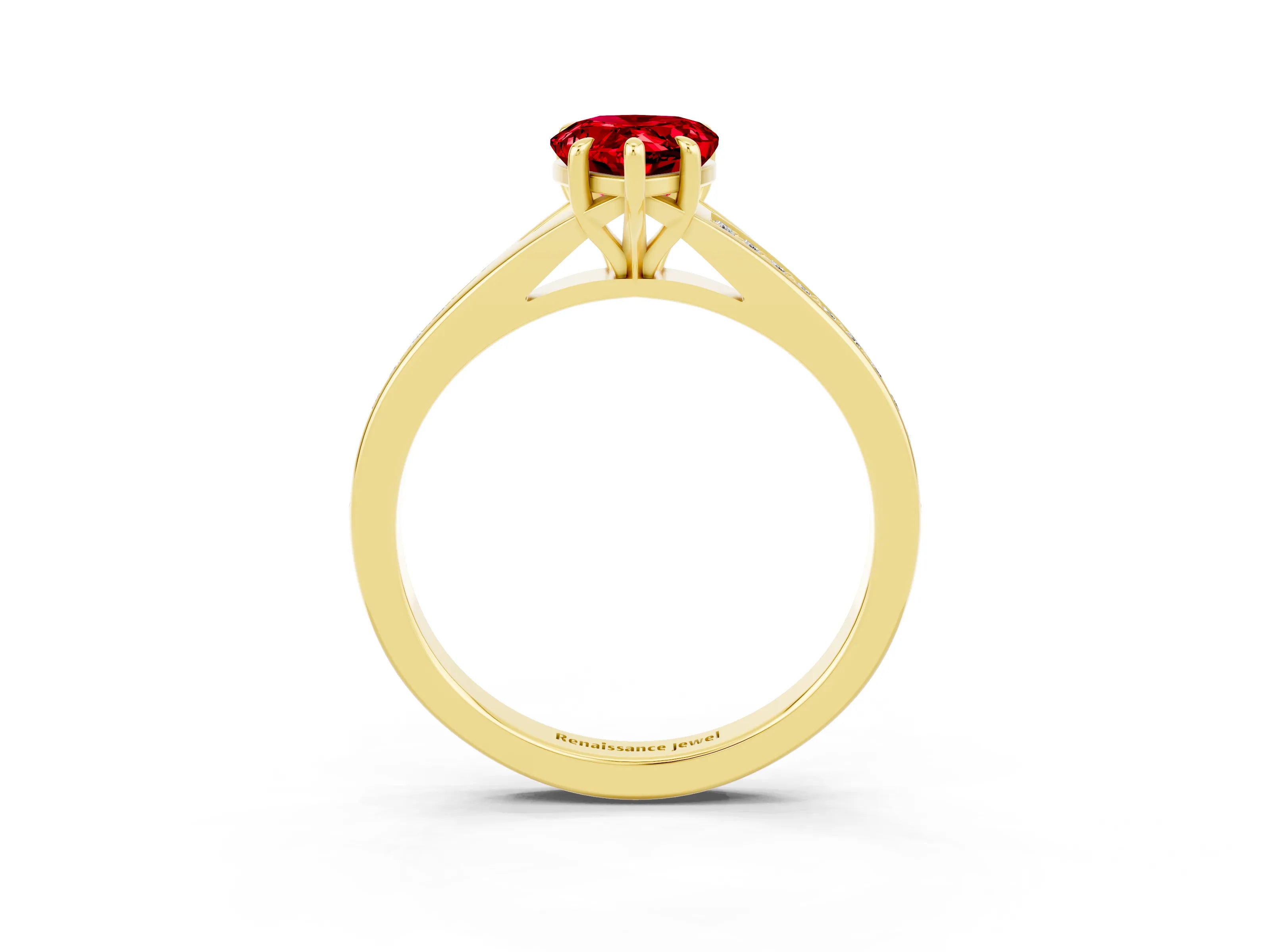 Yellow gold Pear Cut Ruby Solitaire Ring with Pavé Band and Prong Setting_15