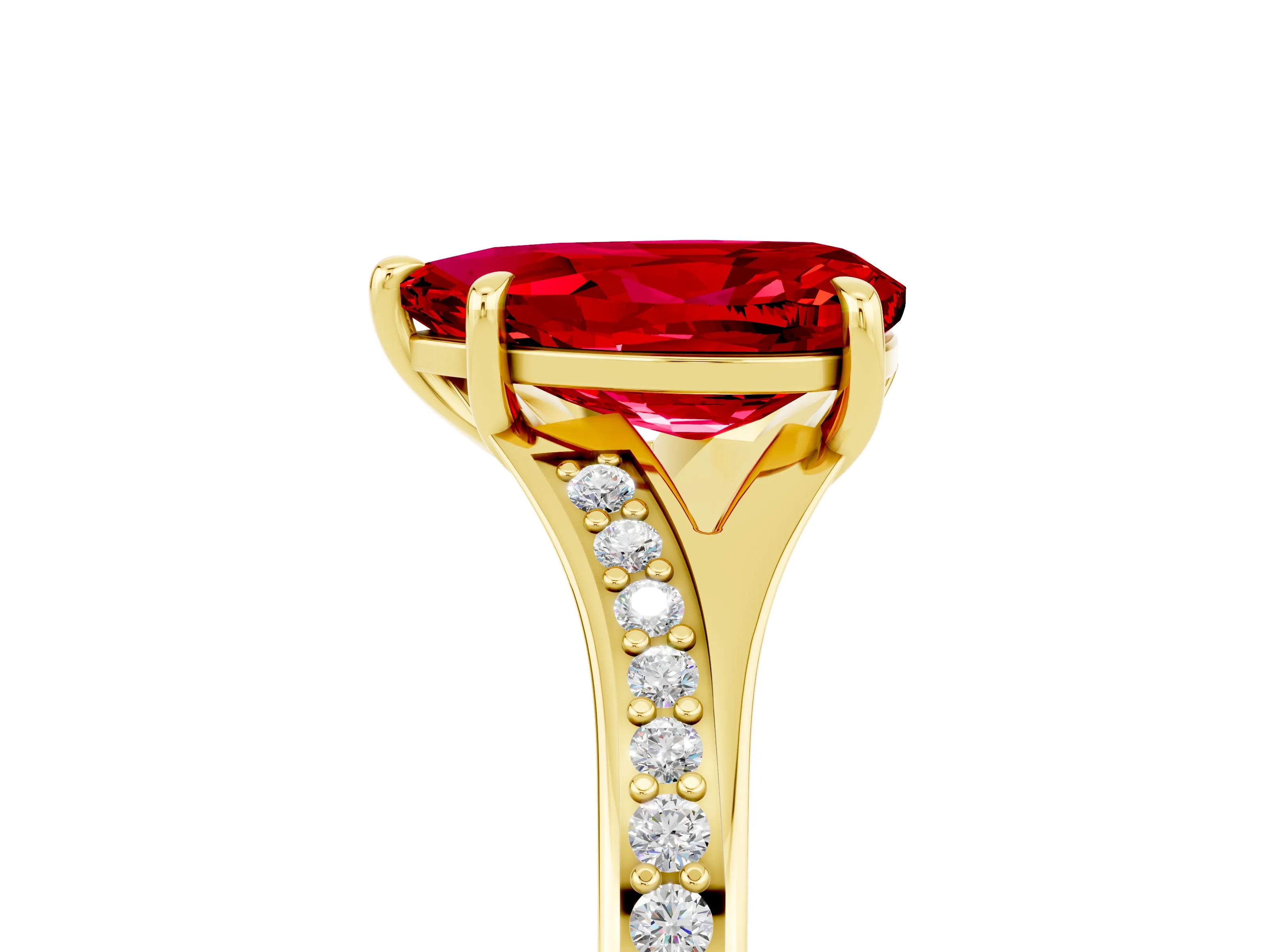 Yellow gold Pear Cut Ruby Solitaire Ring with Pavé Band and Prong Setting_17