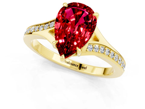 Yellow gold Pear Cut Ruby Solitaire Ring with Pavé Band and Prong Setting_1
