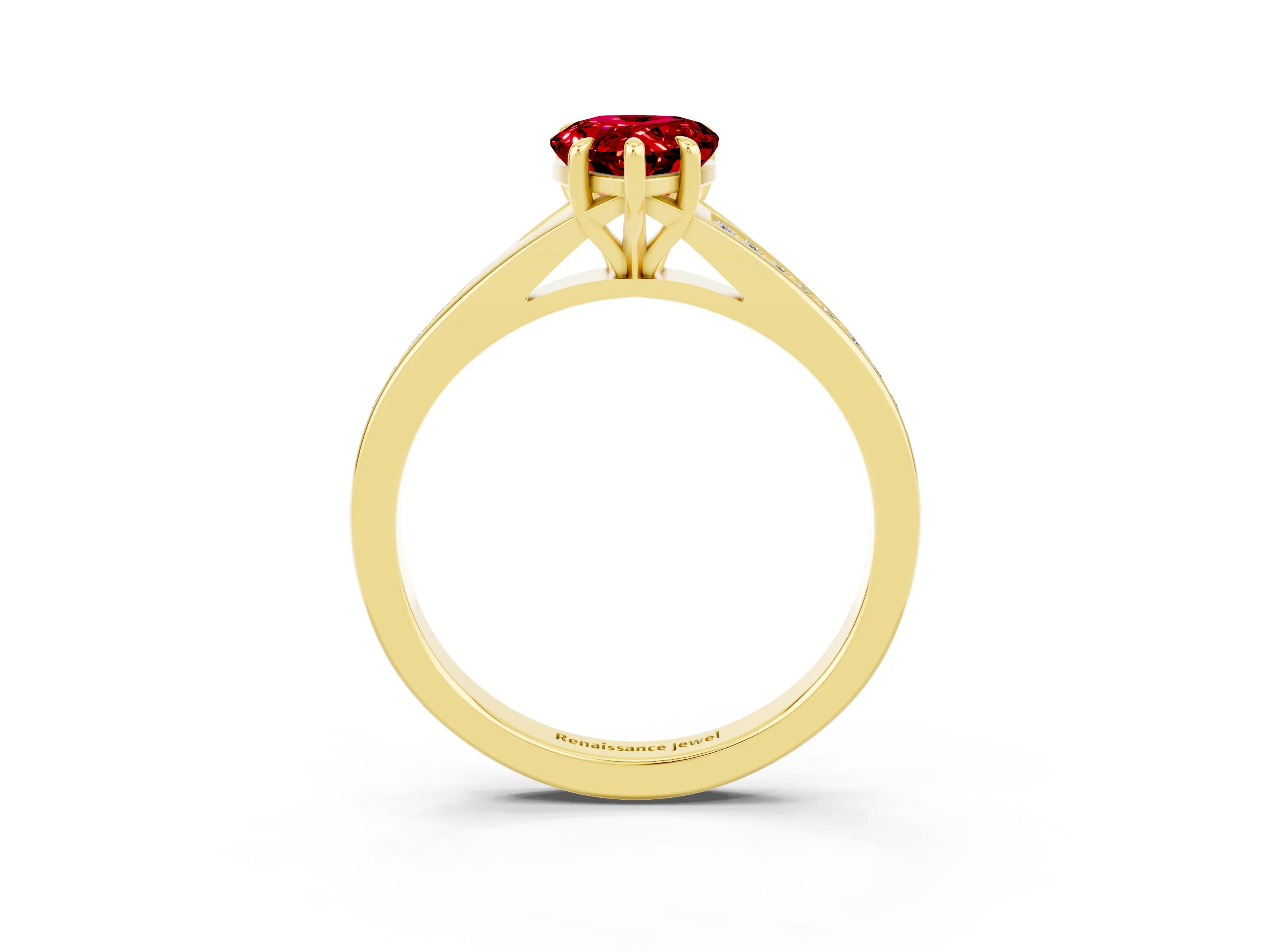 Yellow gold Pear Cut Ruby Solitaire Ring with Pavé Band and Prong Setting_3