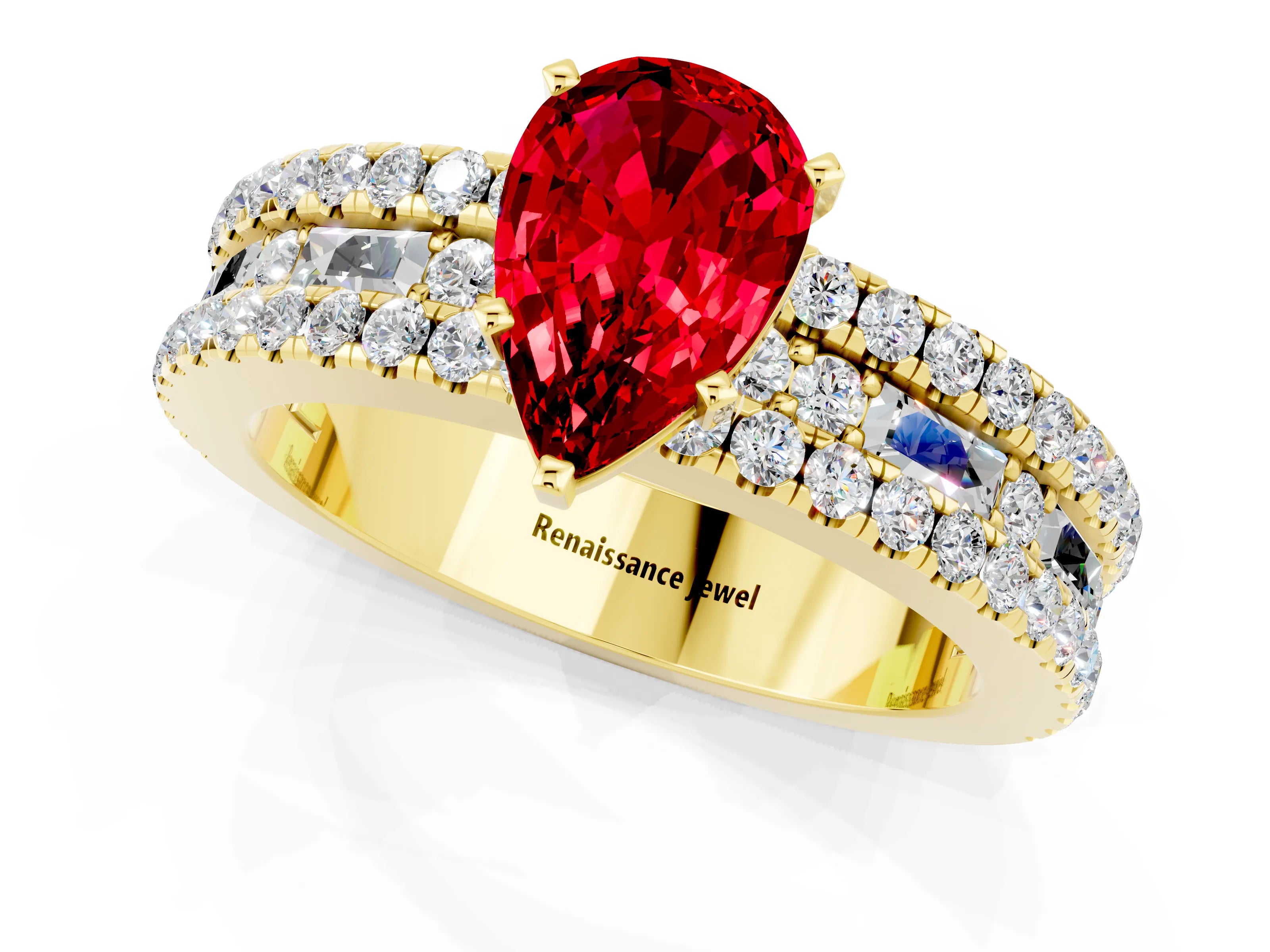 Yellow gold Pear Cut Ruby Solitaire Ring with Pavé and Channel Set Band_1