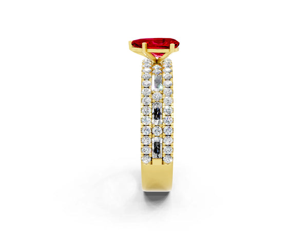 Yellow gold Pear Cut Ruby Solitaire Ring with Pavé and Channel Set Band
