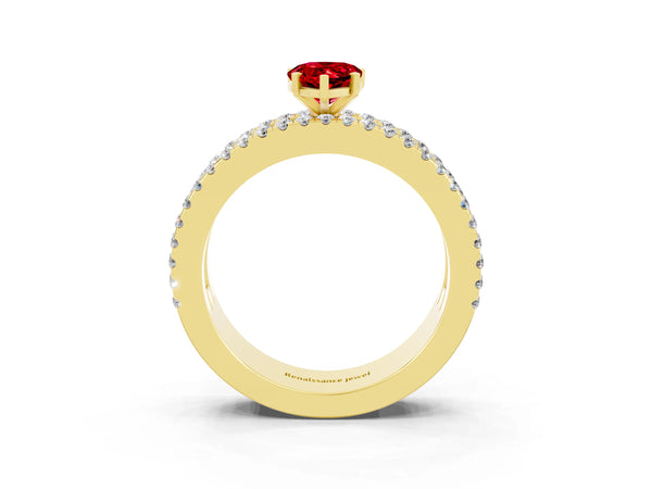Yellow gold Pear Cut Ruby Solitaire Ring with Pavé and Channel Set Band