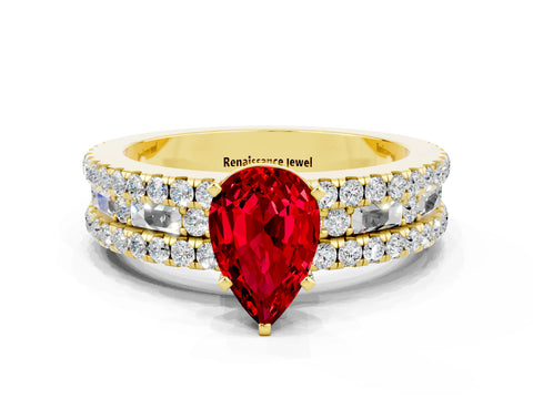 Yellow gold Pear Cut Ruby Solitaire Ring with Pavé and Channel Set Band