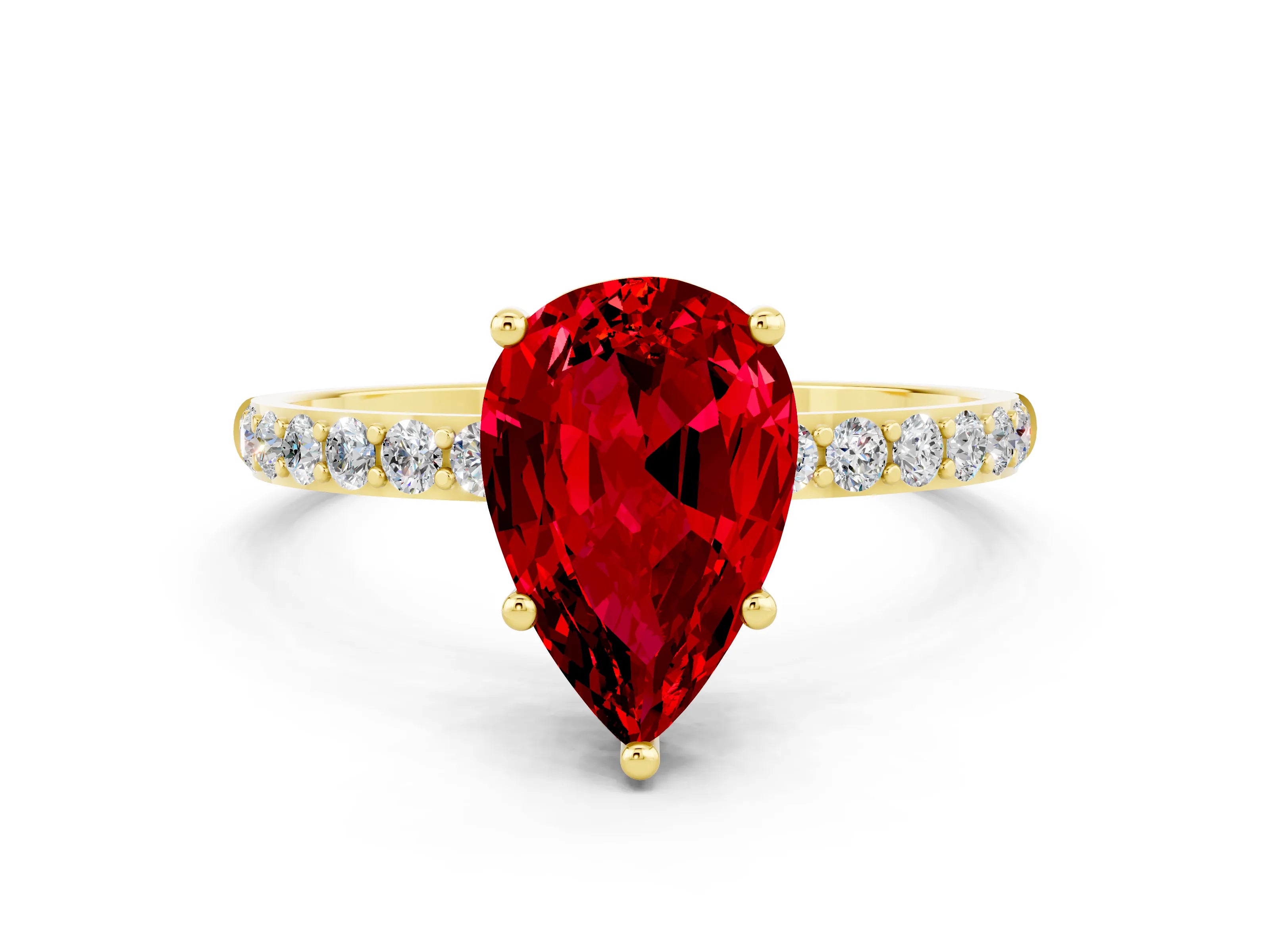 Yellow gold Pear Cut Ruby Solitaire Ring with Pave Band and Four Prong Setting_24