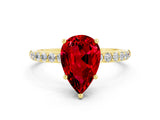 Yellow gold Pear Cut Ruby Solitaire Ring with Pave Band and Four Prong Setting_24