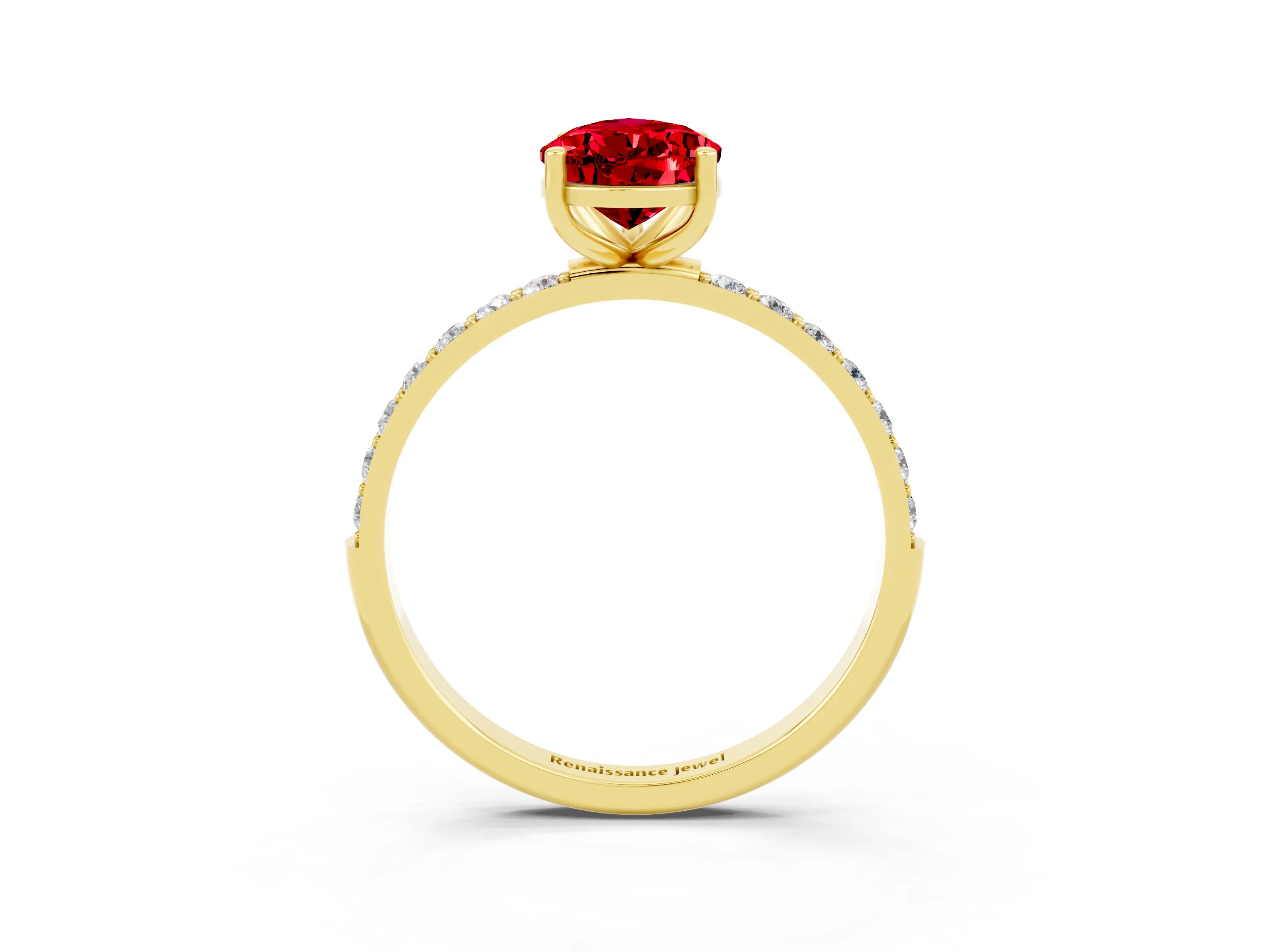 Yellow gold Pear Cut Ruby Solitaire Ring with Pave Band and Four Prong Setting_27