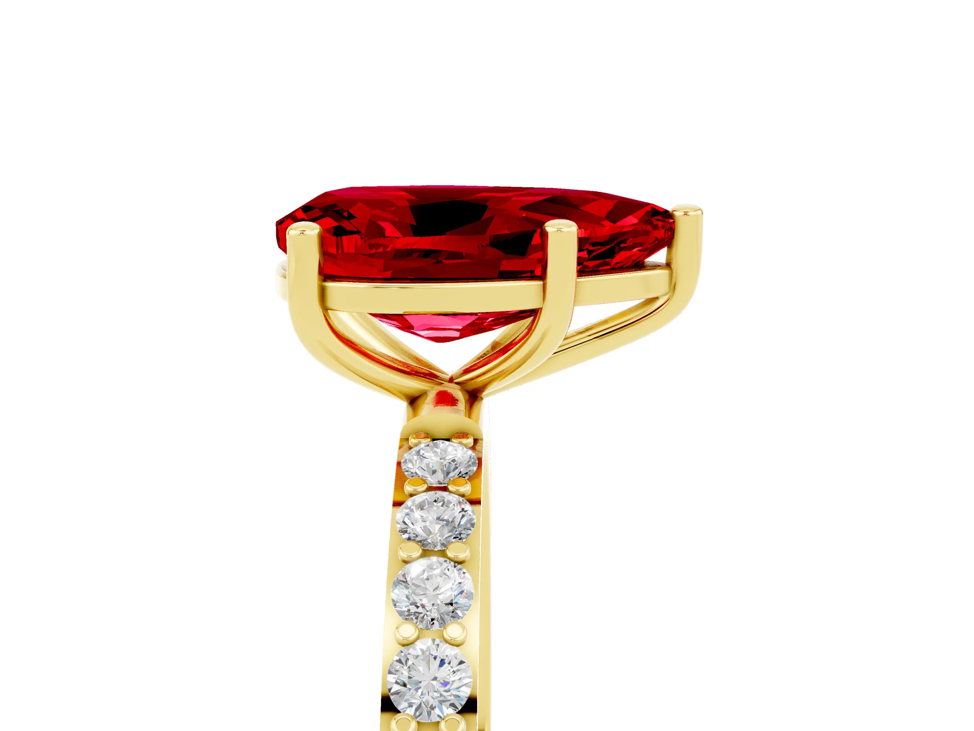 Yellow gold Pear Cut Ruby Solitaire Ring with Pave Band and Four Prong Setting_29