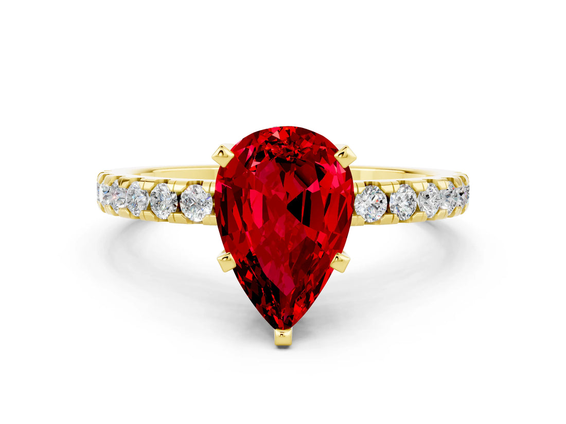 Yellow gold Pear Cut Ruby Solitaire Ring with Round  Pavé Band and Four-Prong Setting_36