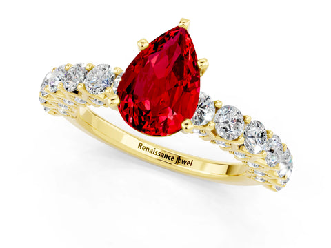 Yellow gold Pear Cut Ruby Solitaire Ring with Shared Prong Pavé Band and Four-Prong Setting_1
