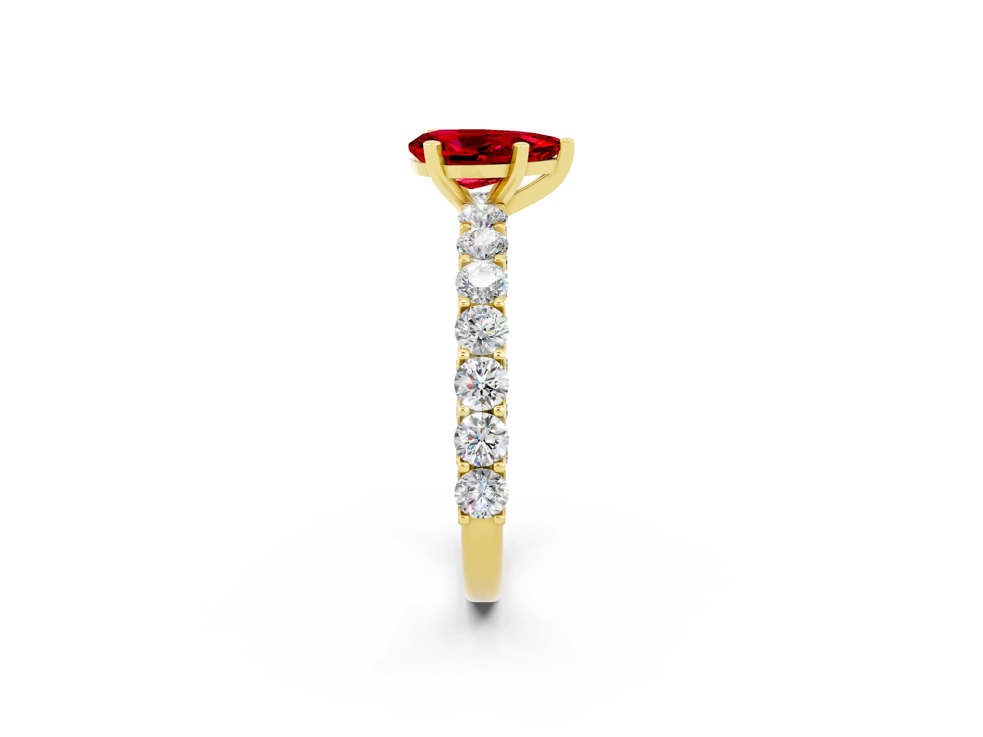 Yellow gold Pear Cut Ruby Solitaire Ring with Shared Prong Pavé Band and Four-Prong Setting_2