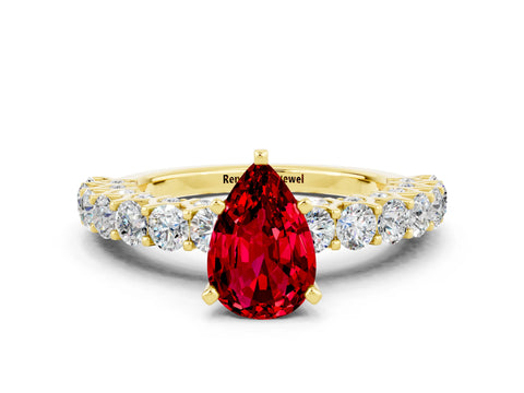Yellow gold Pear Cut Ruby Solitaire Ring with Shared Prong Pavé Band and Four-Prong Setting