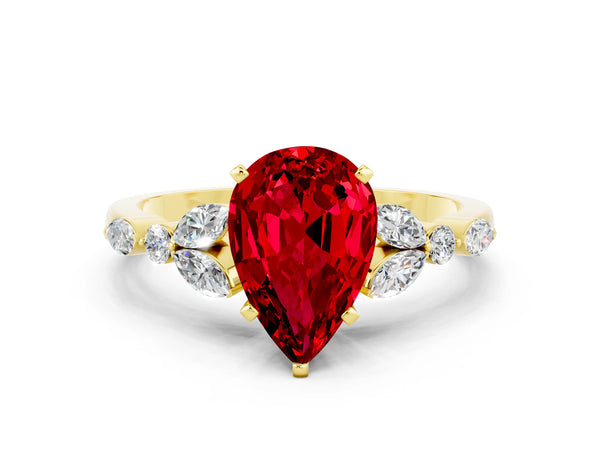 Yellow gold Pear Cut Ruby Solitaire Ring with Side Stones and Four-Prong Setting