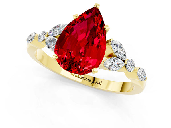Yellow gold Pear Cut Ruby Solitaire Ring with Side Stones and Four-Prong Setting