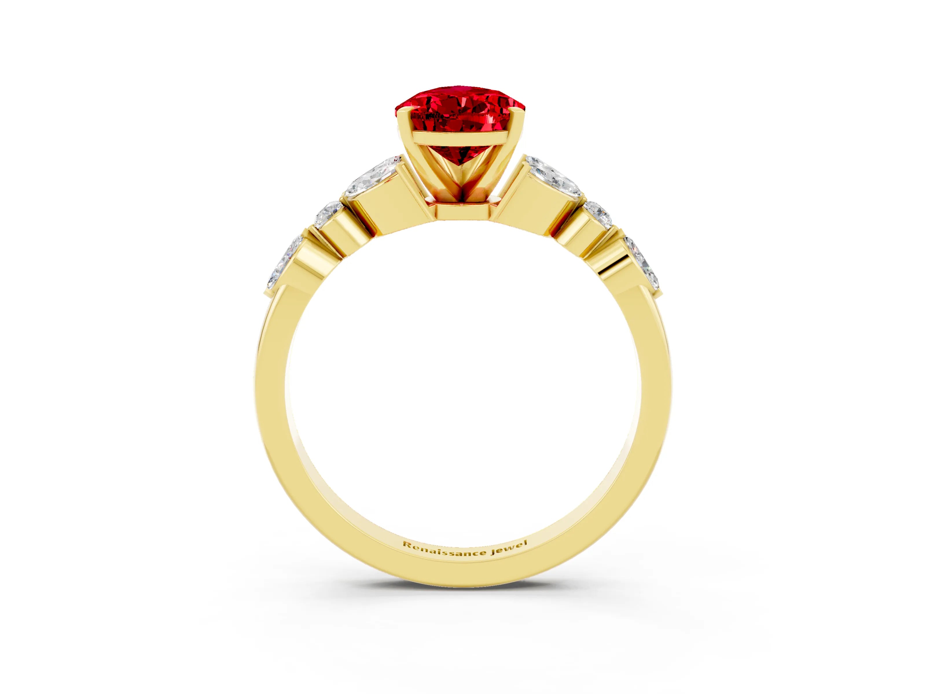 Yellow gold Pear Cut Ruby Solitaire Ring with Side Stones and Four-Prong Setting_15