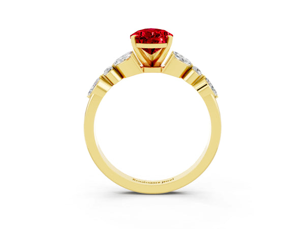 Yellow gold Pear Cut Ruby Solitaire Ring with Side Stones and Four-Prong Setting