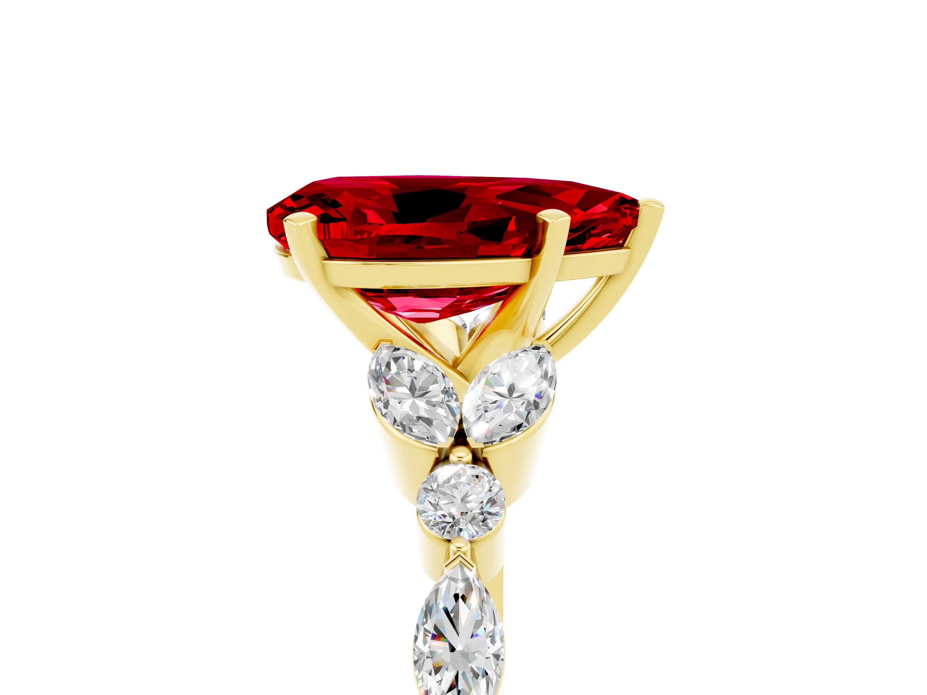 Yellow gold Pear Cut Ruby Solitaire Ring with Side Stones and Four-Prong Setting_17