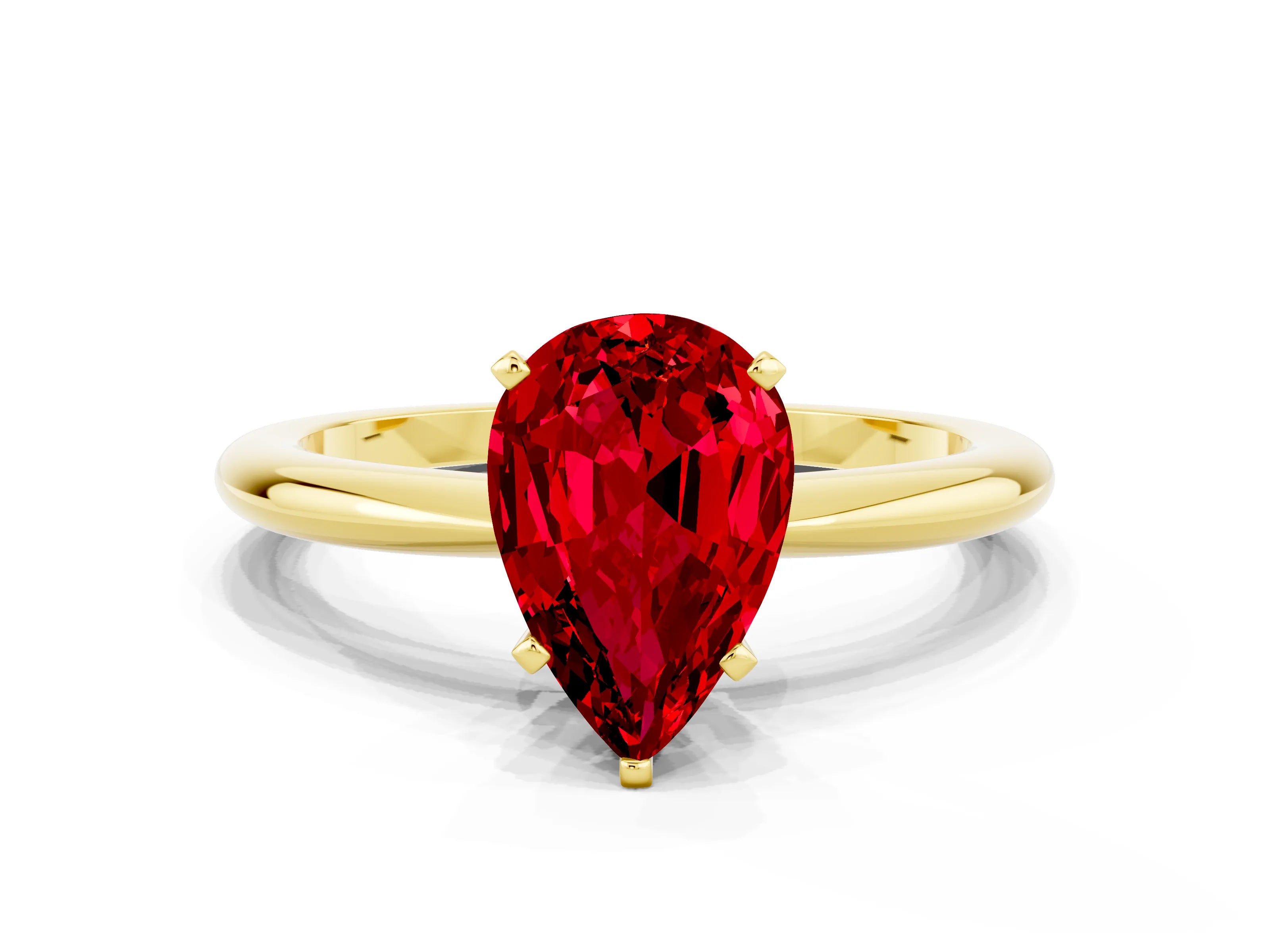 Yellow gold Pear Cut Ruby Solitaire Ring with Six-Prong Setting and Classic Band