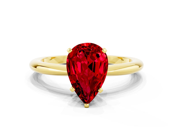 Yellow gold Pear Cut Ruby Solitaire Ring with Six-Prong Setting and Classic Band