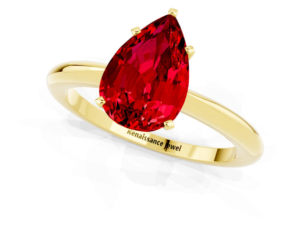 Yellow gold Pear Cut Ruby Solitaire Ring with Six-Prong Setting and Classic Band