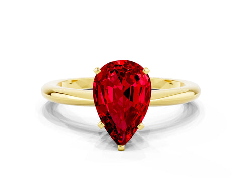 Yellow gold Pear Cut Ruby Solitaire Ring with Six-Prong Setting and Classic Band