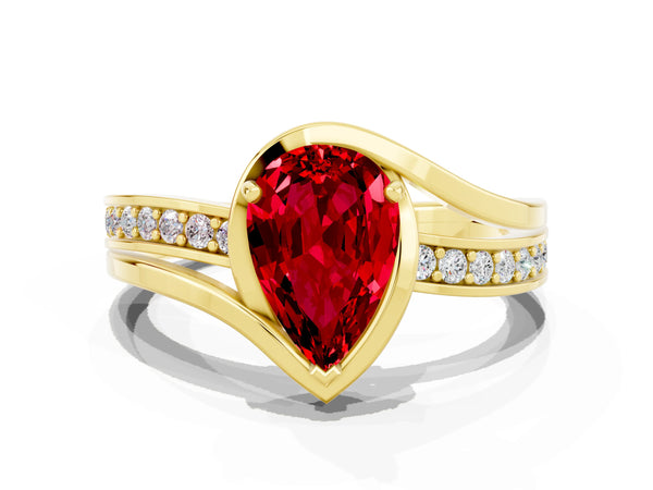 Yellow gold Pear Cut Ruby Solitaire Ring with Split Shank and Prong Setting