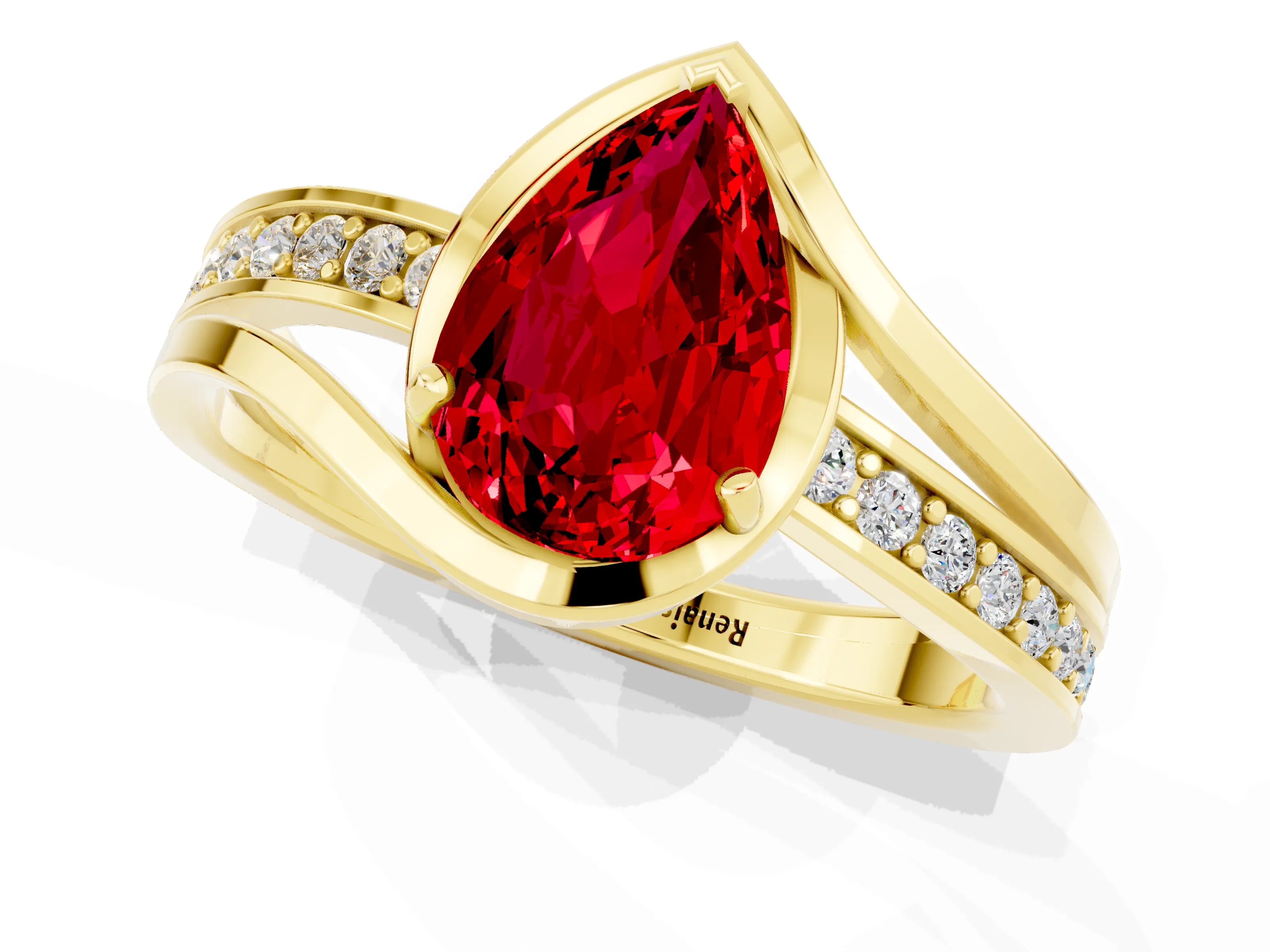 Yellow gold Pear Cut Ruby Solitaire Ring with Split Shank and Prong Setting_1