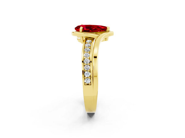 Yellow gold Pear Cut Ruby Solitaire Ring with Split Shank and Prong Setting