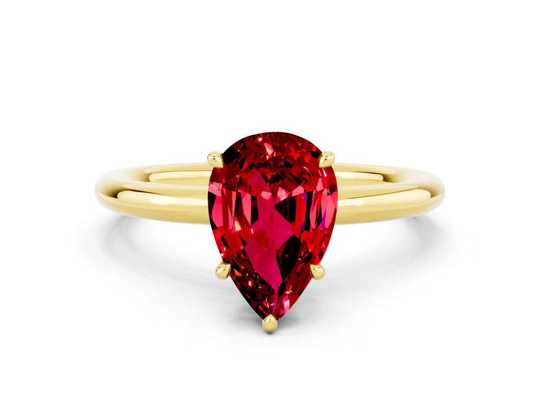Yellow gold Pear Cut Ruby Solitaire Ring with Thin Band and Four-Prong Setting_12