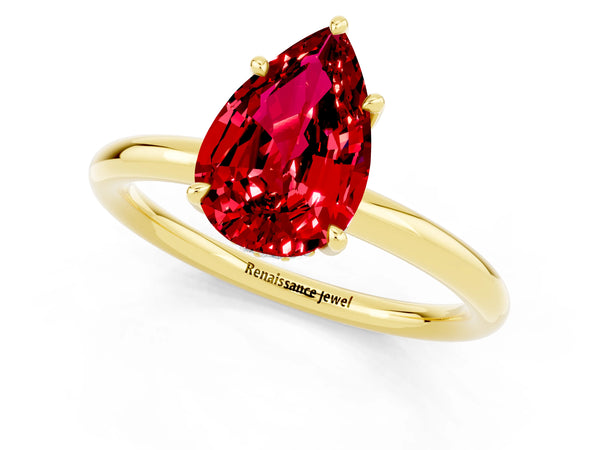 Yellow gold Pear Cut Ruby Solitaire Ring with Thin Band and Four-Prong Setting