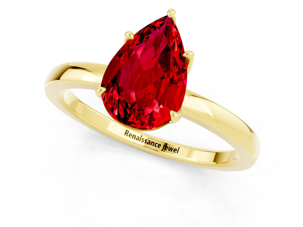 Yellow gold Pear Cut Ruby Solitaire Ring with Thin Band and Prong Setting