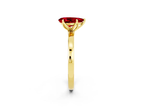 Yellow gold Pear Cut Ruby Solitaire Ring with Thin Band and Prong Setting