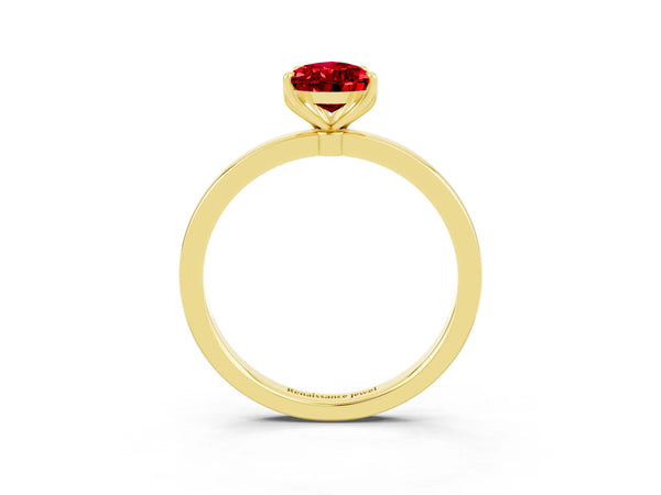Yellow gold Pear Cut Ruby Solitaire Ring with Thin Band and Prong Setting