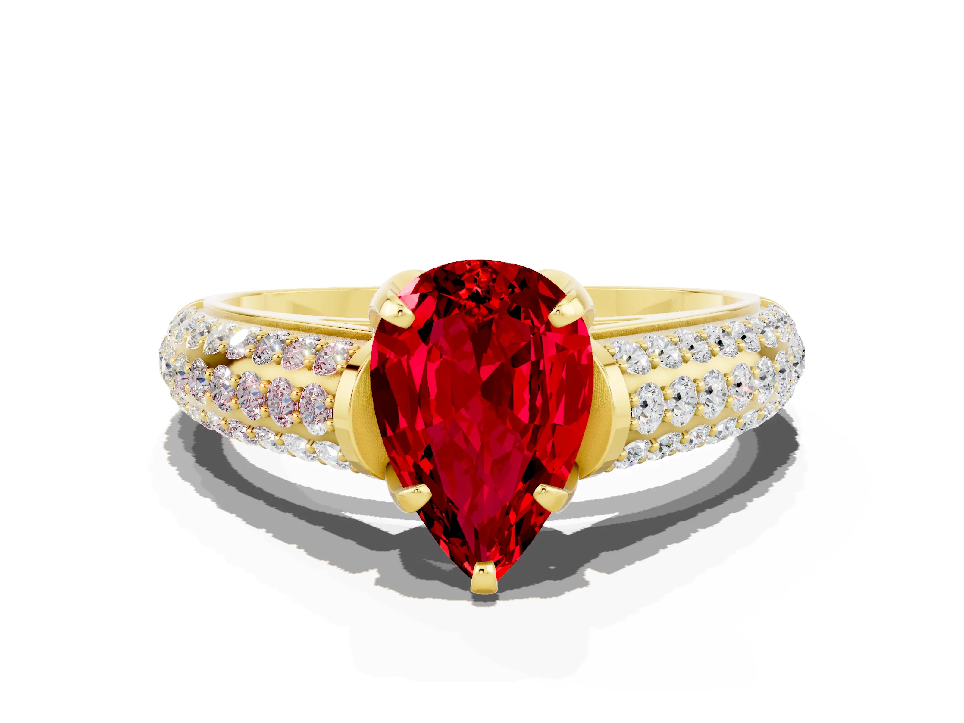 Yellow gold Pear Cut Ruby Solitaire Ring with Three-Row Pavé Band and Four-Prong Setting_12