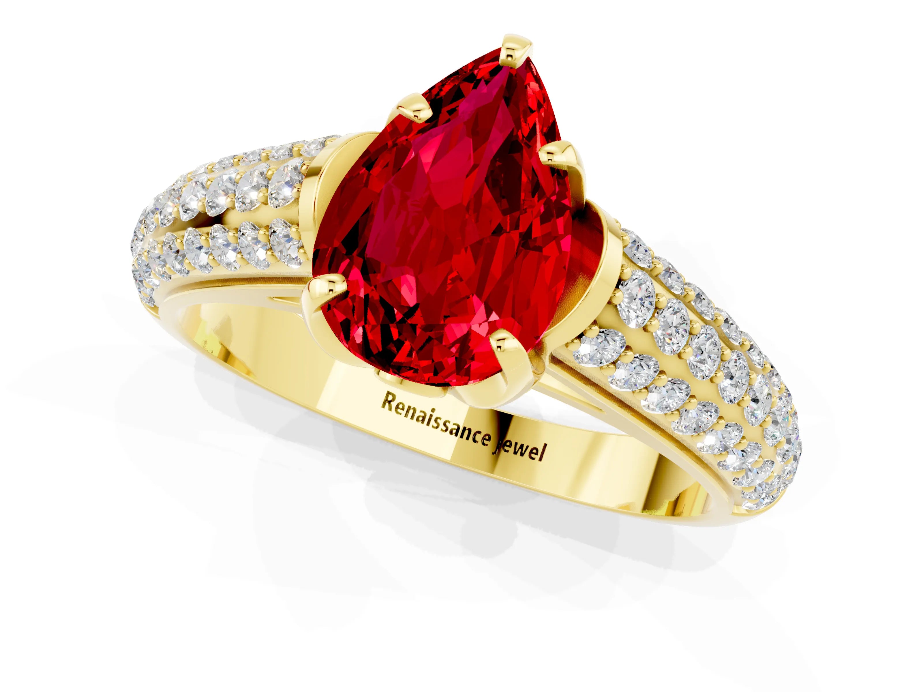 Yellow gold Pear Cut Ruby Solitaire Ring with Three-Row Pavé Band and Four-Prong Setting_13