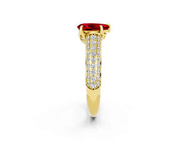 Yellow gold Pear Cut Ruby Solitaire Ring with Three-Row Pavé Band and Four-Prong Setting