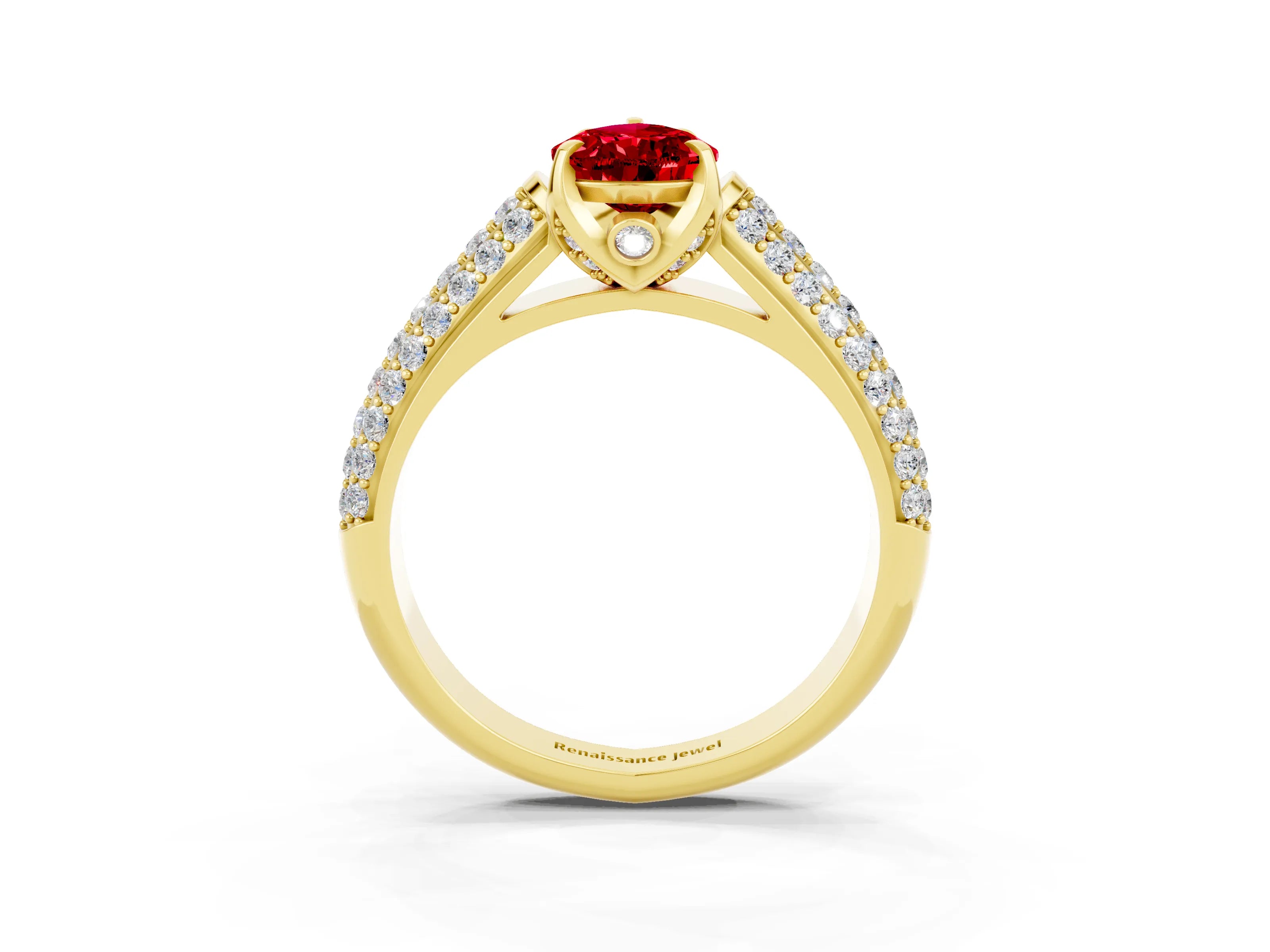 Yellow gold Pear Cut Ruby Solitaire Ring with Three-Row Pavé Band and Four-Prong Setting_15