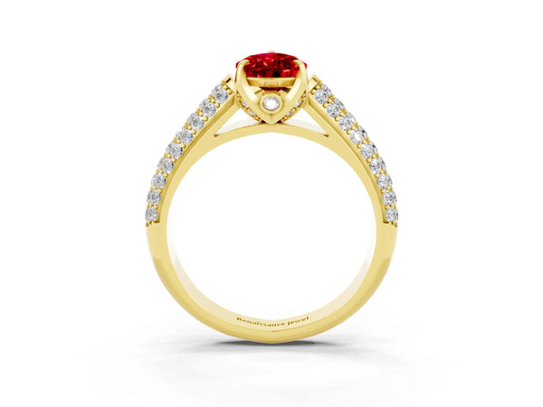 Yellow gold Pear Cut Ruby Solitaire Ring with Three-Row Pavé Band and Four-Prong Setting