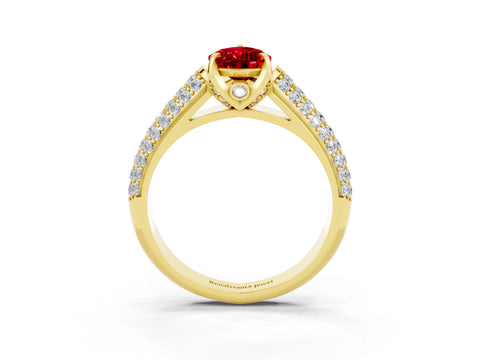 Yellow gold Pear Cut Ruby Solitaire Ring with Three-Row Pavé Band and Four-Prong Setting_15