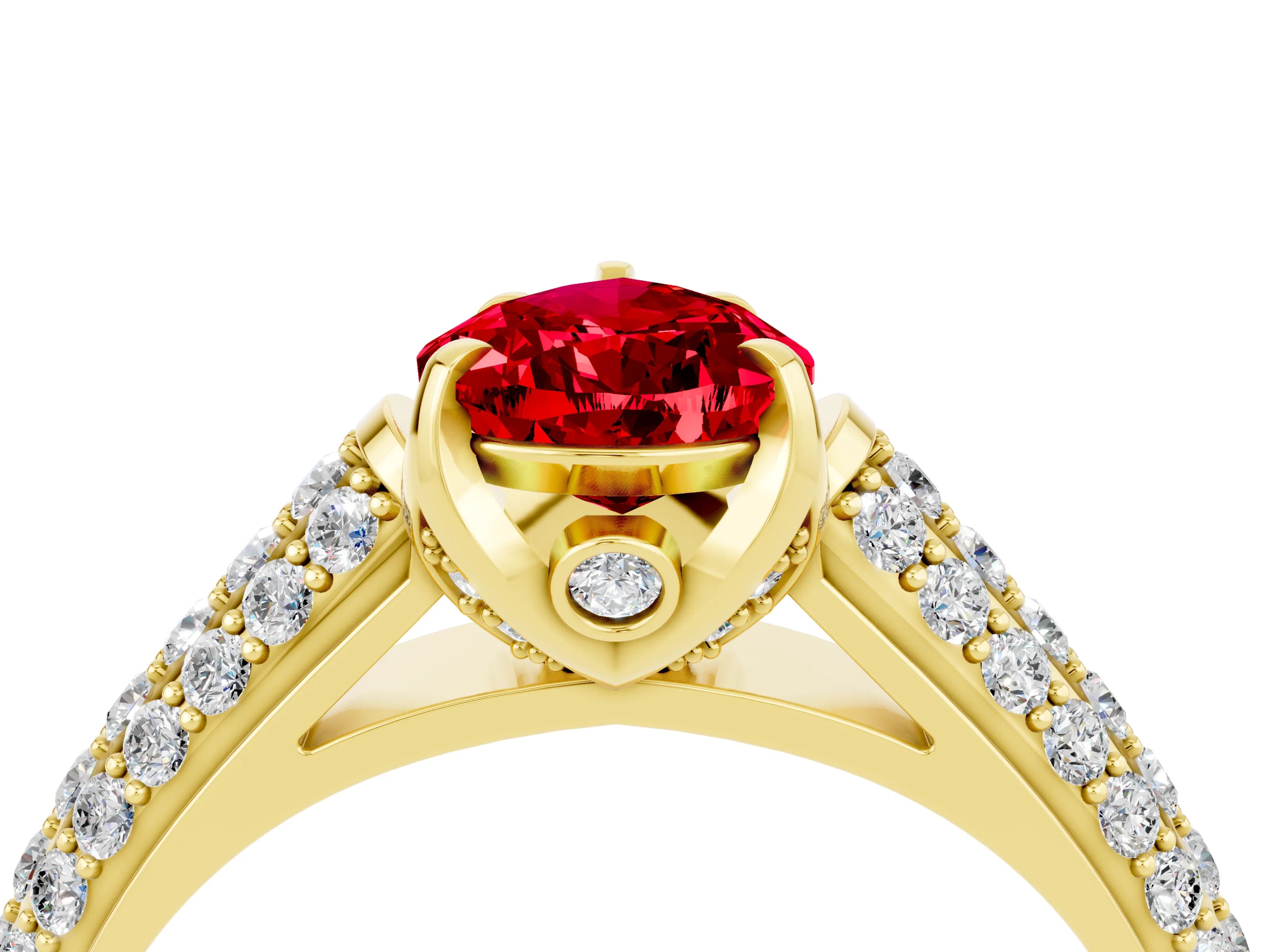 Yellow gold Pear Cut Ruby Solitaire Ring with Three-Row Pavé Band and Four-Prong Setting_16