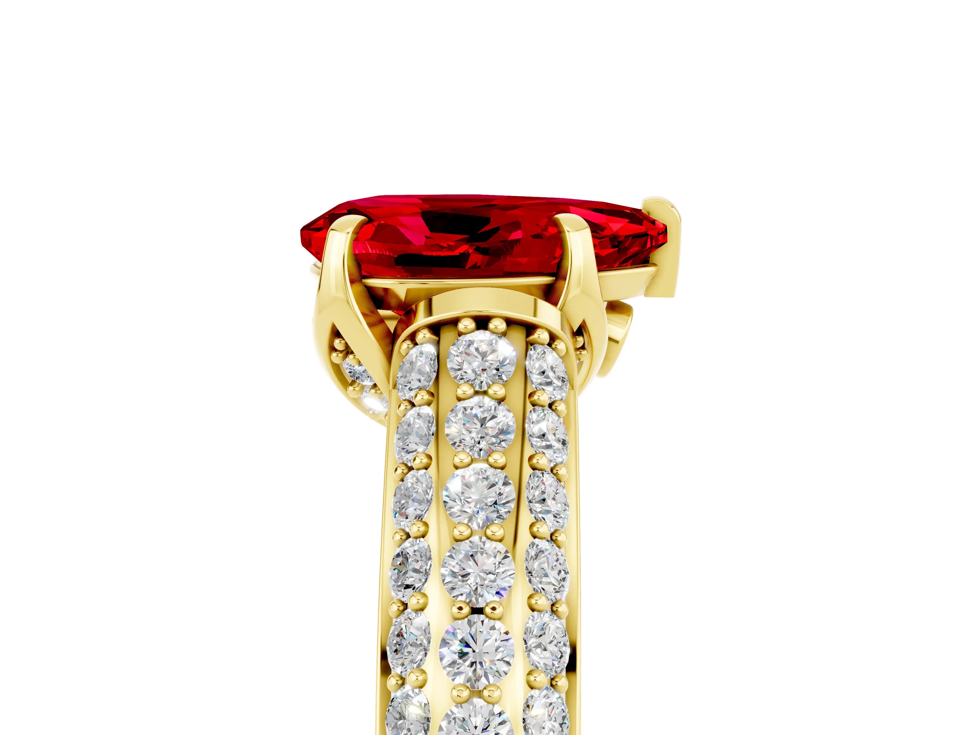 Yellow gold Pear Cut Ruby Solitaire Ring with Three-Row Pavé Band and Four-Prong Setting_17