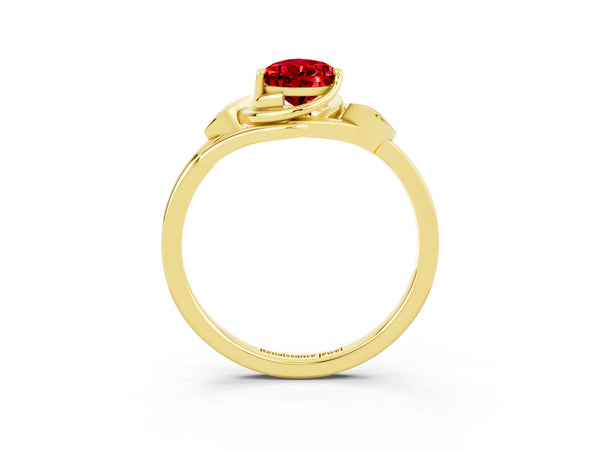 Yellow gold Pear Cut Ruby Solitaire Ring with Twist Band and Four-Prong Setting