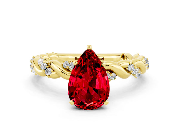 Yellow gold Pear Cut Ruby Solitaire Ring with Twisted Band and Pavé Accents