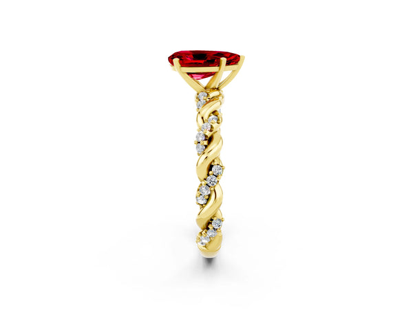 Yellow gold Pear Cut Ruby Solitaire Ring with Twisted Band and Pavé Accents