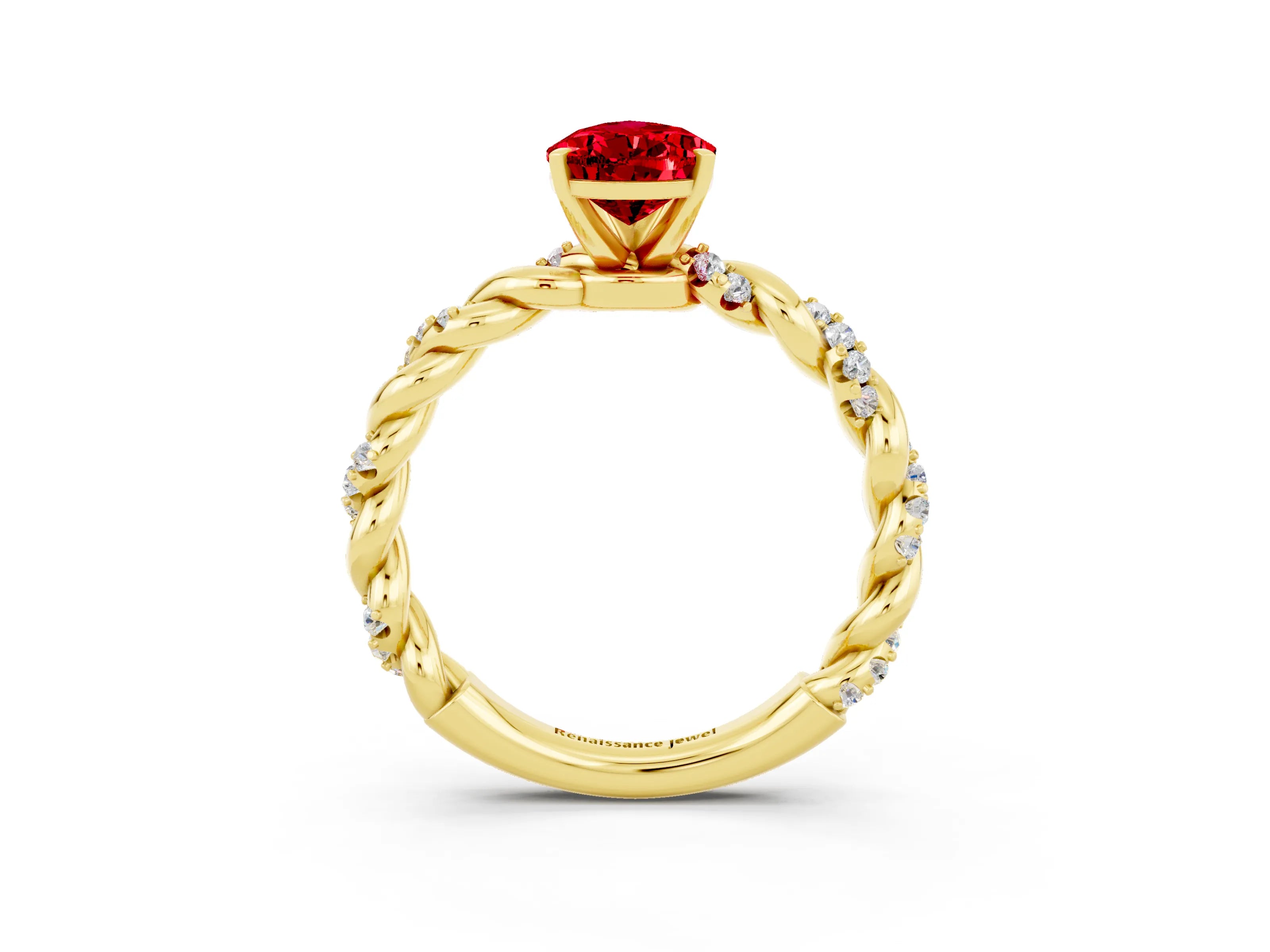 Yellow gold Pear Cut Ruby Solitaire Ring with Twisted Band and Pavé Accents_3