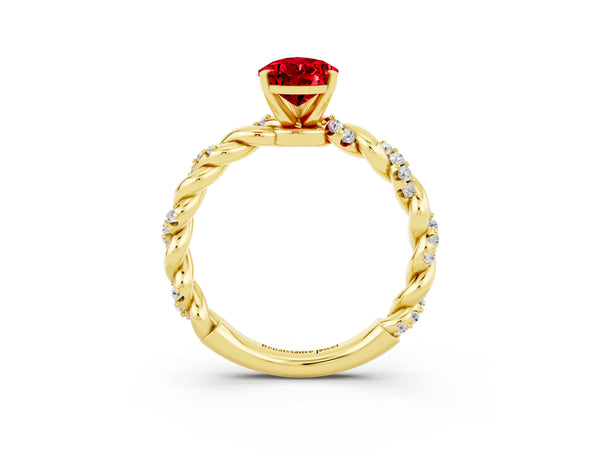 Yellow gold Pear Cut Ruby Solitaire Ring with Twisted Band and Pavé Accents