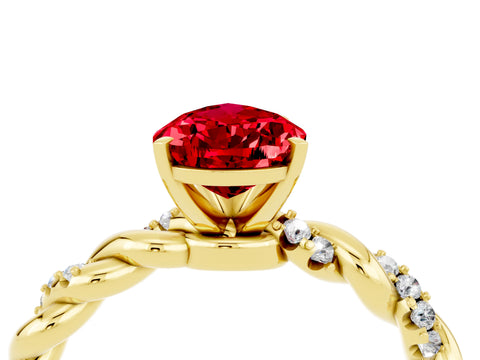 Yellow gold Pear Cut Ruby Solitaire Ring with Twisted Band and Pavé Accents_4