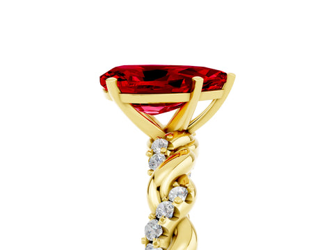 Yellow gold Pear Cut Ruby Solitaire Ring with Twisted Band and Pavé Accents_5